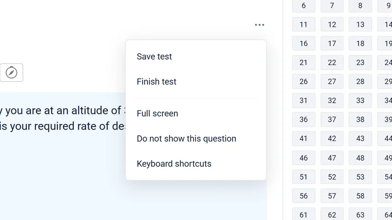 Open quiz menu listing Save test, Finish test, Full screen, Do not show this question and Keyboard shortcuts.