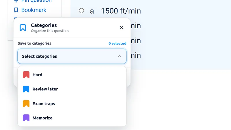 Bookmark categories picker listing Hard, Review later, Exam traps and Memorize, with nothing selected.