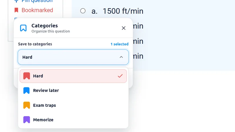 Category picker with Hard ticked, one selected, and the question marked Bookmarked.