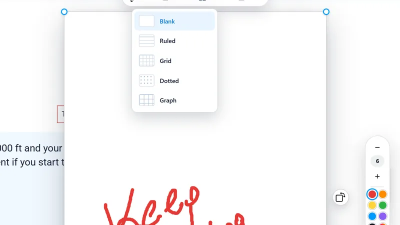 A4 paper note beside the question with the template menu open, a colour rail on the right and the drawing toolbar at the bottom.