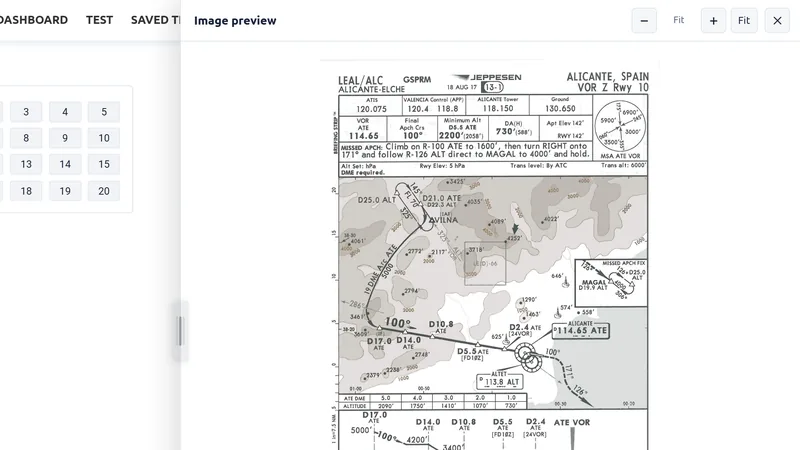 Communications question on the left and an approach chart in the image preview side panel on the right.