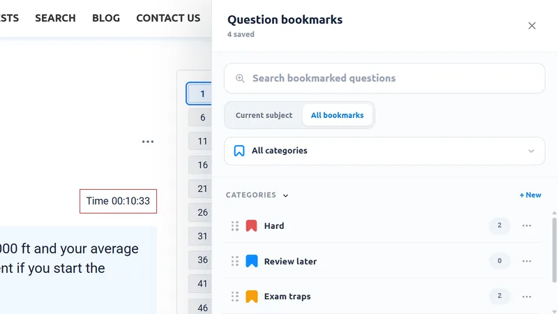 Question bookmarks library with search, scope switch, categories and saved questions tagged Hard and Exam traps.