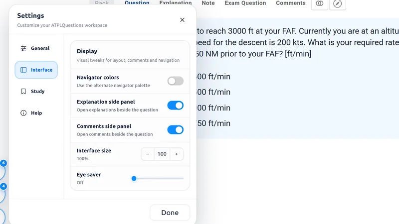Settings panel, Interface section, with navigator colours, explanation side panel, comments side panel, interface size and eye saver.