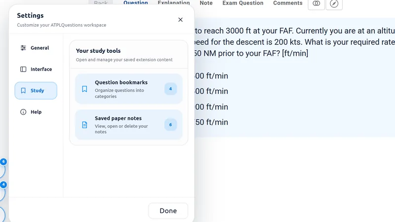 Settings panel, Study section, with Question bookmarks and Saved paper notes.