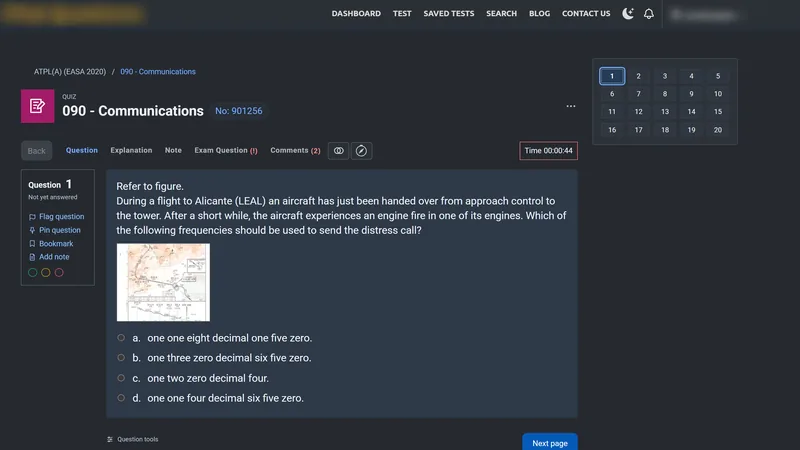 Dark theme showing a Communications question with a chart thumbnail and a 20-question navigator.