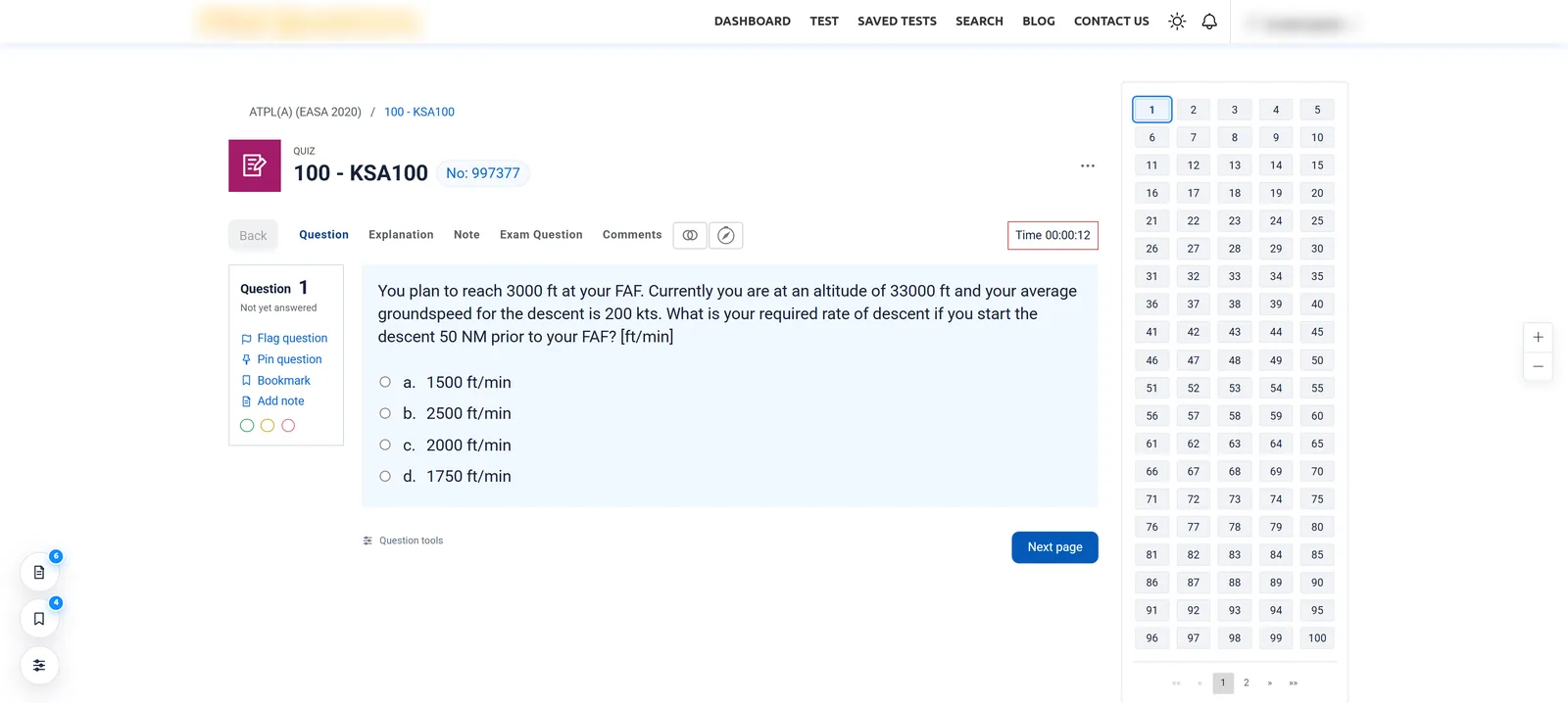 ATPL Classic light theme: a KSA 100 descent-rate question with the question information panel, a red-outlined timer and a 100-question navigator.